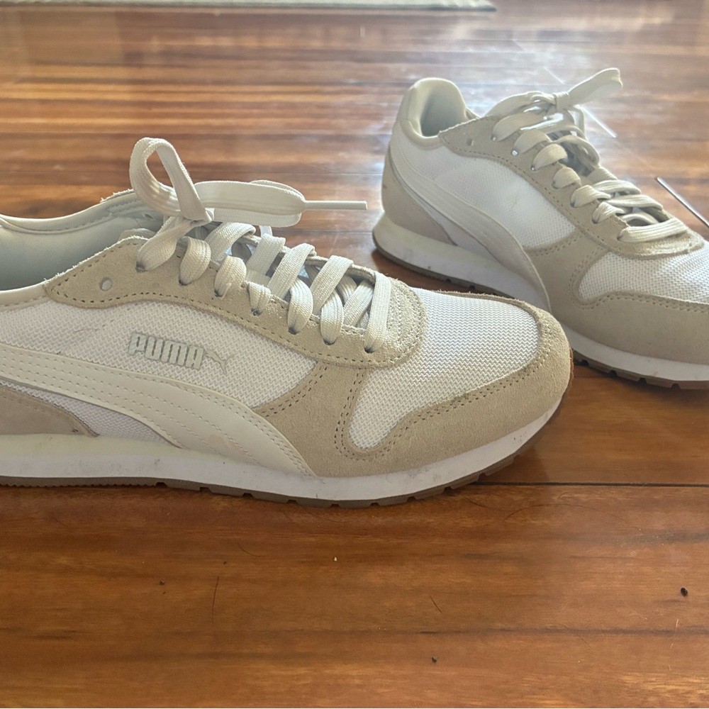 Puma Beige and White Retro Runner Sneakers